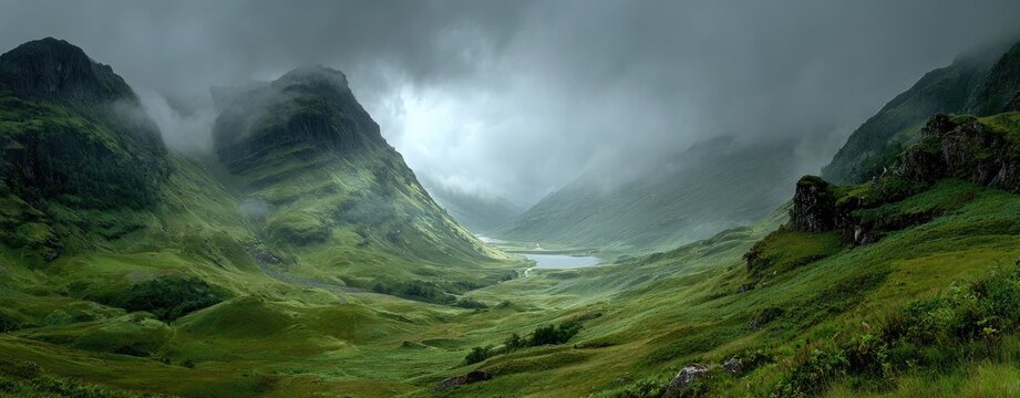 Misty Scottish valley, lush greenery, dramatic mountains