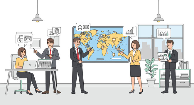 Corporate team presenting international business locations on a large world map display during a strategic global meeting.