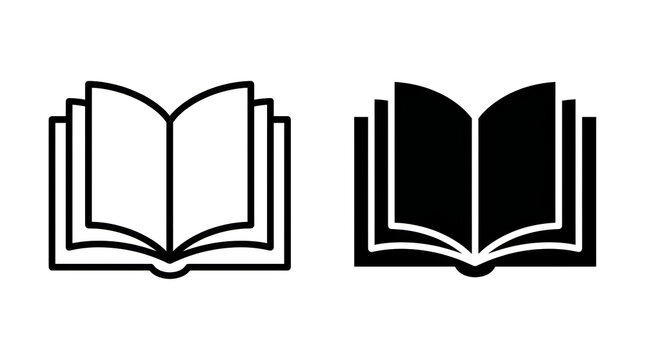 Set of open book icons in outline and solid black styles