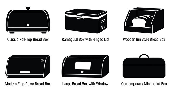 Assorted bread boxes in black vector silhouettes against a white background