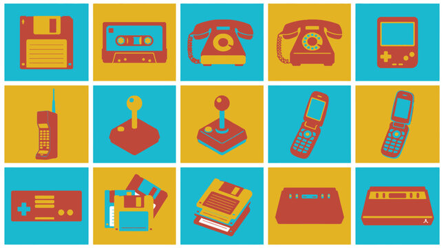 Retro vintage technology icons set with cassette tape and joystick flat vector illustration