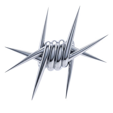 3D Abstract Chrome Metallic Spiked Object Resembling Barbed Wire on Transparent Background