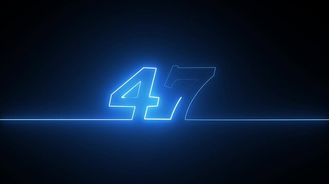 Glowing blue neon number forty seven made with a single continuous light line on dark background