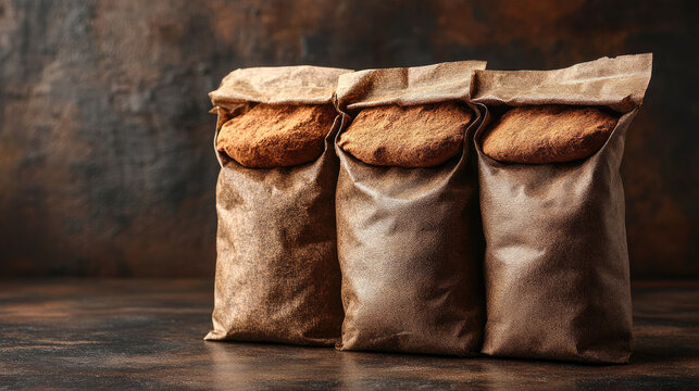 Three Brown Paper Bags with Fresh Bread Loaves, Rustic Background, Bakery Packaging, Artisanal Food