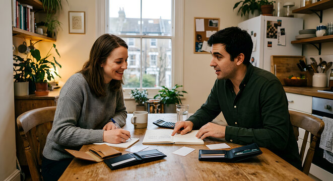 Couple Planning Their Household Budget Together at the Kitchen Table