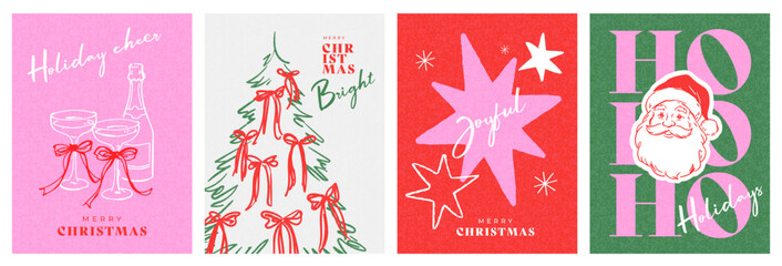 Obraz na płótnie Canvas Playful contemporary Christmas card set with hand-drawn tree decorated with oversized red bows, champagne glasses, festive stars and Santa with ho ho ho typography. Cheerful holiday concept for greeti