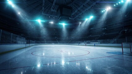 Fototapeta premium Empty ice hockey arena with bright spotlights illuminating the rink