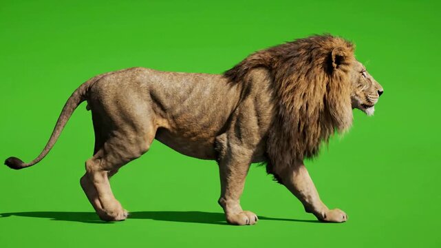 Male lion walking side view isolated on green screen for easy compositing and visual effects panthera leo