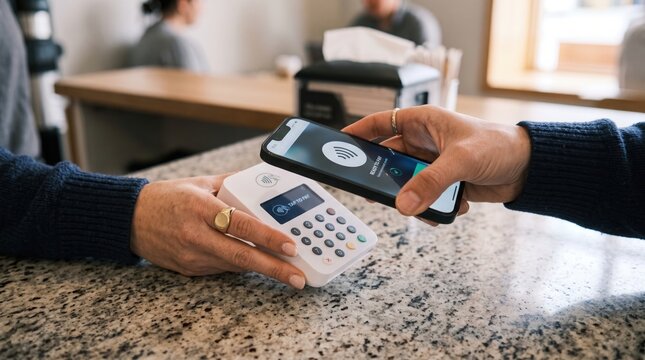 Contactless payment with smartphone and card reader in a retail setting silhouette