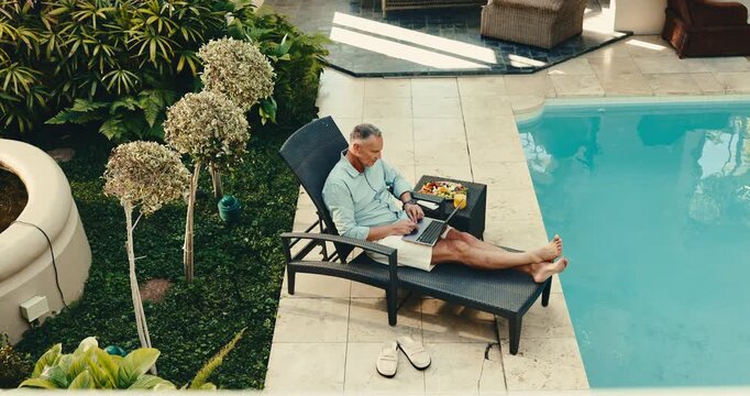 Man, vacation and swimming pool with laptop in resort for online network, research or accommodation. Top view, male person or typing on computer or chair by poolside for holiday or weekend in retreat