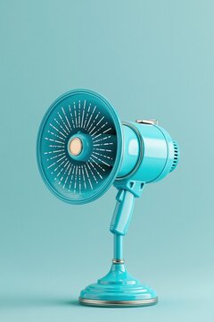 Upright turquoise megaphone on teal background for promotional poster and banner design featuring radial perforated cone and minimalist styling