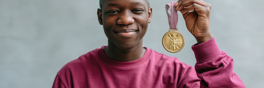 Teenager holding a gold first place medal with striped ribbon for award ceremony banner and congratulatory background use