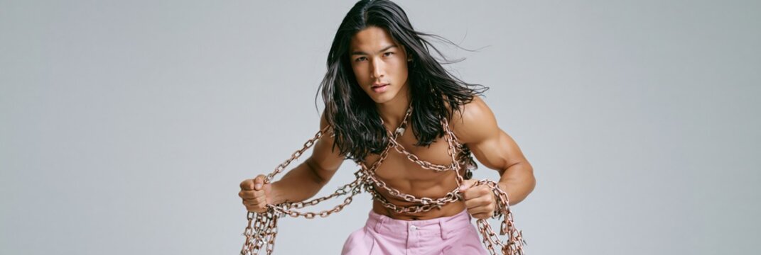 Shirtless man wrapped in heavy metal chains wearing pink pants for edgy fashion poster and fitness banner design