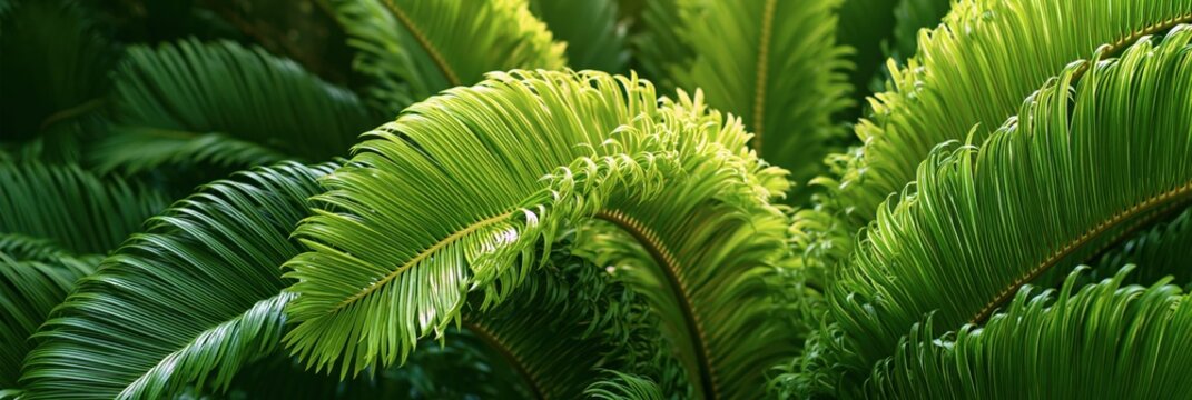 Lush green cycad palm fronds closeup background with layered glossy leaves for botanical wallpaper and nature poster design