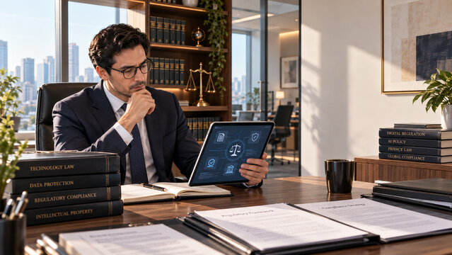 AI generated corporate lawyer reviewing digital regulation technology policy legal compliance using tablet sophisticated modern law office copy space
