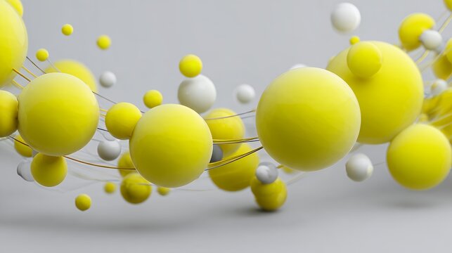 Abstract 3D floating yellow and white spheres connected by thin gold wires representing network technology and social connection