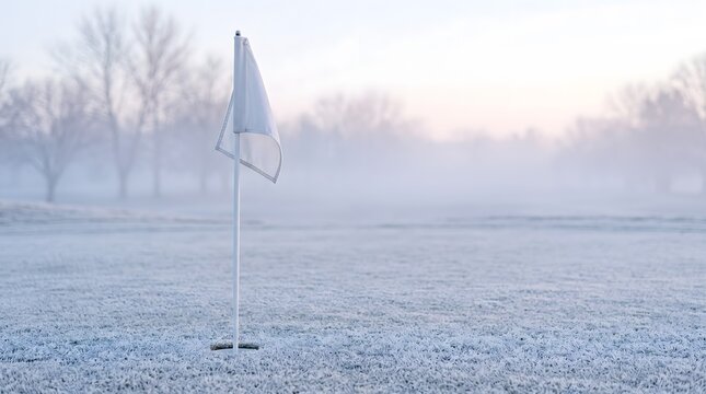 Golf course flagstick standing perfectly still on a frost covered green at dawn, the plain white flag hanging motionless and stiff in the still cold air.
