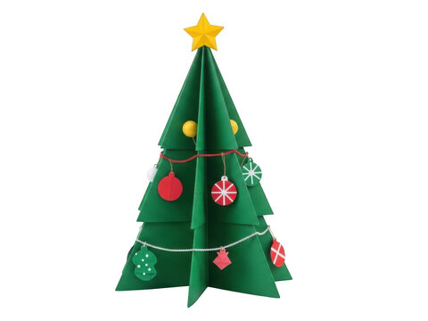 Minimalist paper Christmas tree with yellow star, handmade green origami holiday tree, festive papercraft decoration on white background