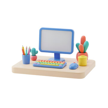 Modern home office workspace with computer monitor. Featuring a keyboard mouse pencils and cactus plants. 3D render for digital workplace concepts