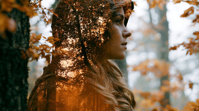 Mystical Autumn Woman in Forest with Double Exposure and Golden Foliage