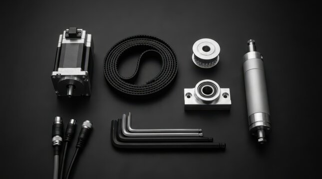 Precision engineering components including servo motor, timing belt, pulley, bearing, and actuator on black bench