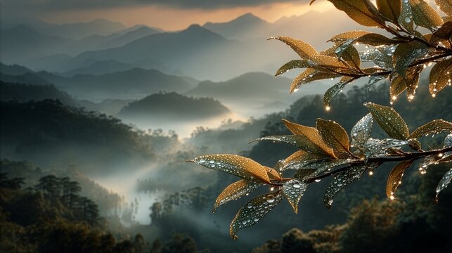 Autumn leaves with water droplets and misty mountain valley at sunset background banner

