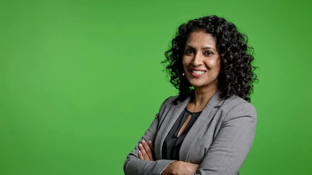 Businesswoman smiling and talking on green screen background, corporate portrait chroma, key