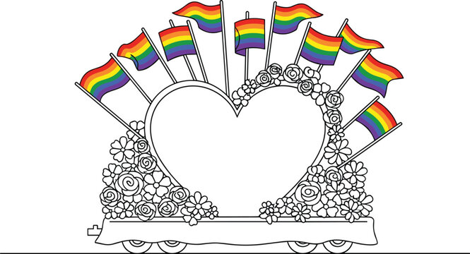 Heart-shaped float adorned with flowers and rainbow flags in an illustration for pride parade design
