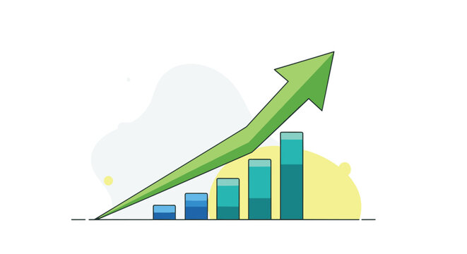 Growth bar chart with a large green arrow sweeping upwards representing business success, financial progress, and market expansion.