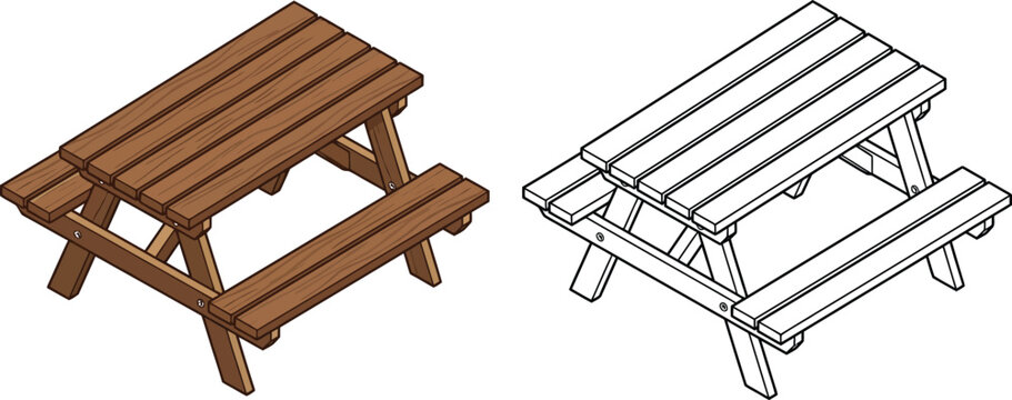 Isometric wooden picnic table vector set, brown timber garden bench with attached seating, outdoor park furniture line art illustration