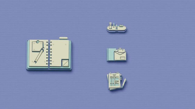 Academic publishing progresses from hypothesis and method design through peer assessment and manuscript correction for journal production. Flat 3D style with smooth matte surfaces.