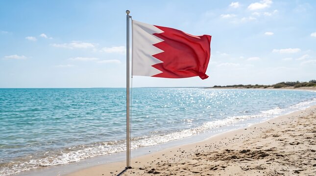 Bahrain flag waving on pole at sunny sandy beach with turquoise ocean under blue sky