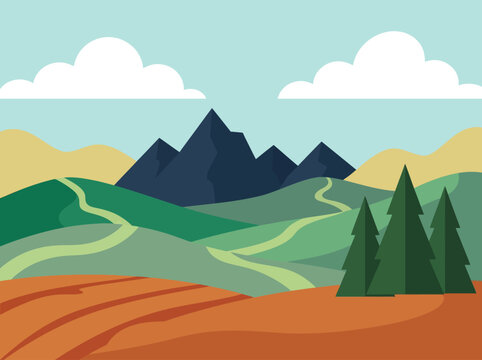 Minimalist Flat Design Vector Illustration of a Scenic Mountain Landscape with Rolling Green Hills, Winding Paths, and Evergreen Trees