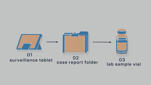 Disease monitoring advances from alert review through case documentation and specimen confirmation for coordinated intervention. Flat 3D style printed in two inks; objects numbered and labelled in