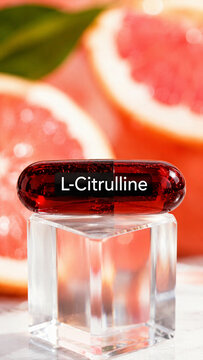 A red capsule labeled L-Citrulline sits on a clear block. Behind it, there are slices of pink grapefruit, adding color and a fresh feel. The setting is bright and well-lit
