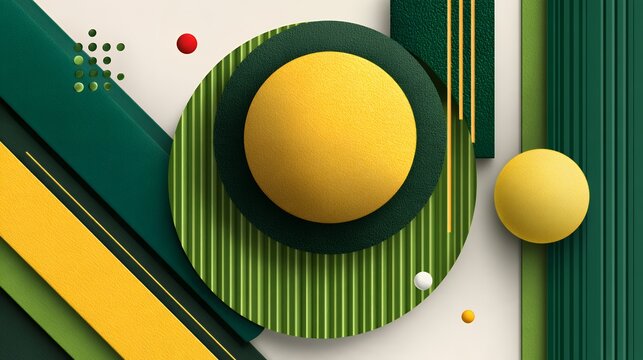 Vibrant geometric 3d background with layered corrugated circles and diagonal stripes in dark green and yellow for modern graphic design