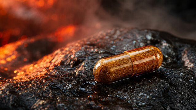The image shows a large golden capsule placed on a dark, rocky surface. There is glowing lava in the background, creating a dramatic scene