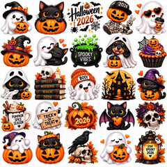 Fototapeta premium Halloween 2026 Cute Sticker Set with Pumpkins, Ghosts, Black Cats, Witches, Skeletons, Bats, Haunted House and Spooky Characters
