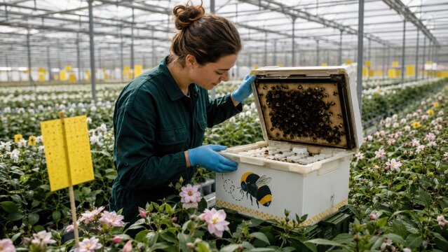 Worker checks beehive in greenhouse filled with flowers during daytime