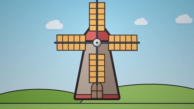 Cartoon Animation of a Traditional Windmill Rotating in Green Hill Landscape with Blue Sky
