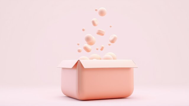 Pink box open, objects floating upwards. Minimalist scene, soft lighting, pastel tones. Simple composition, clean aesthetic.