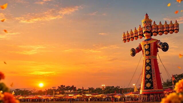 Large effigy of ravana standing in a field during the dussehra festival at sunset