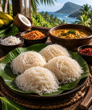 Traditional Sri Lankan string hoppers on banana leaf, authentic idiyappam with coconut sambal and curry, tropical breakfast with ocean view