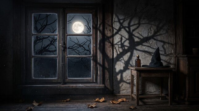 Mysterious Halloween interior with moonlight, tree shadows, autumn leaves and vintage decorations creating an atmospheric seasonal scene.