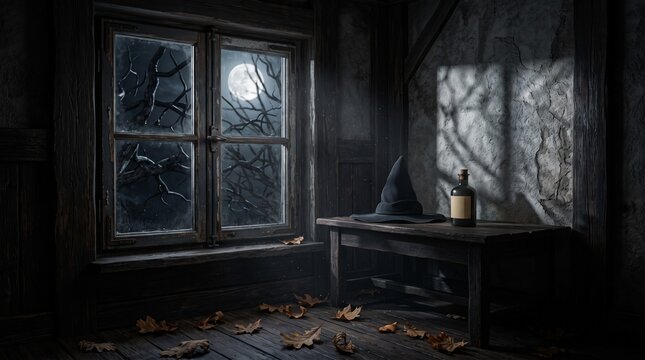 Mysterious Halloween interior with moonlight, tree shadows, autumn leaves and vintage decorations creating an atmospheric seasonal scene.