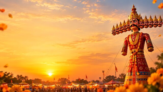 Giant multi-headed statue of demon king ravana standing during dussehra festival