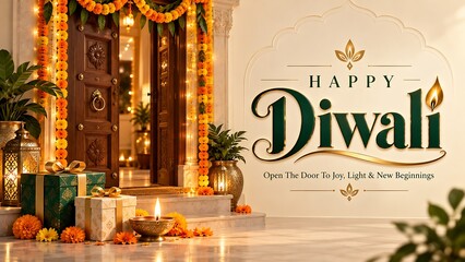 Fototapeta premium Decorative diwali greeting card with illuminated oil lamps and gift boxes at entrance