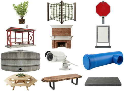 A mixed collection of urban outdoor fixtures, architectural elements, seating, signage, and utility objects isolated in a clean arrangement.