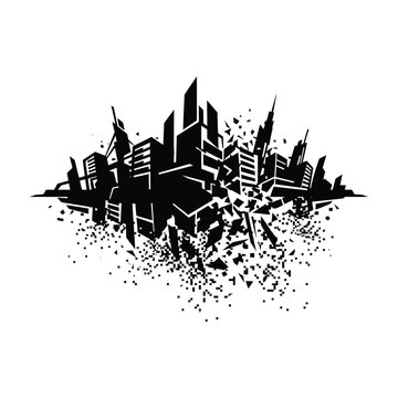 City skyline silhouette disintegrating into pixelated particles on a white background