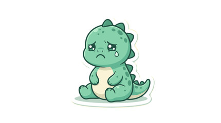 Obraz premium A cute, light green cartoon dinosaur sitting down and crying with a single tear rolling down its face